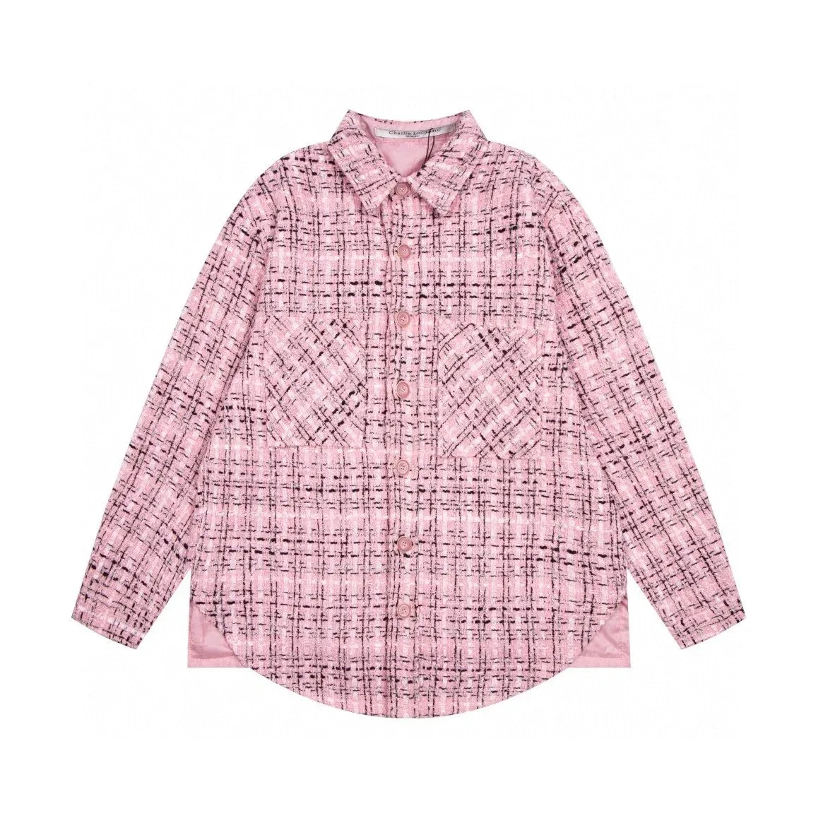 Pink Tweed Button-Up Shirt with Plaid Pattern
