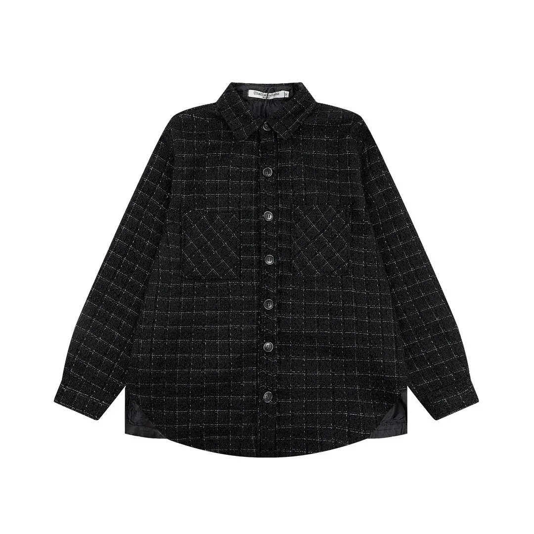 Black Grid Pattern Button-Up Shirt Jacket