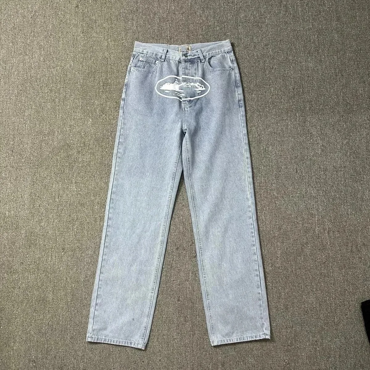 Light Blue Denim Jeans with White Graphic Print
