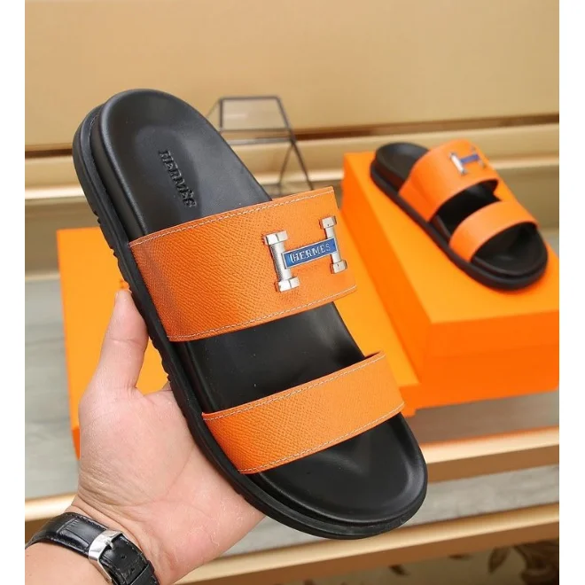 Hermès Orange H Buckle Slide Sandals