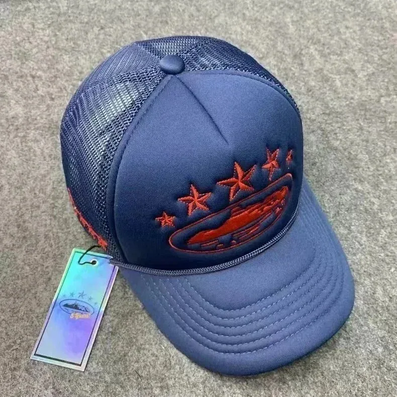 Navy Blue Red Embroidered Trucker Hat