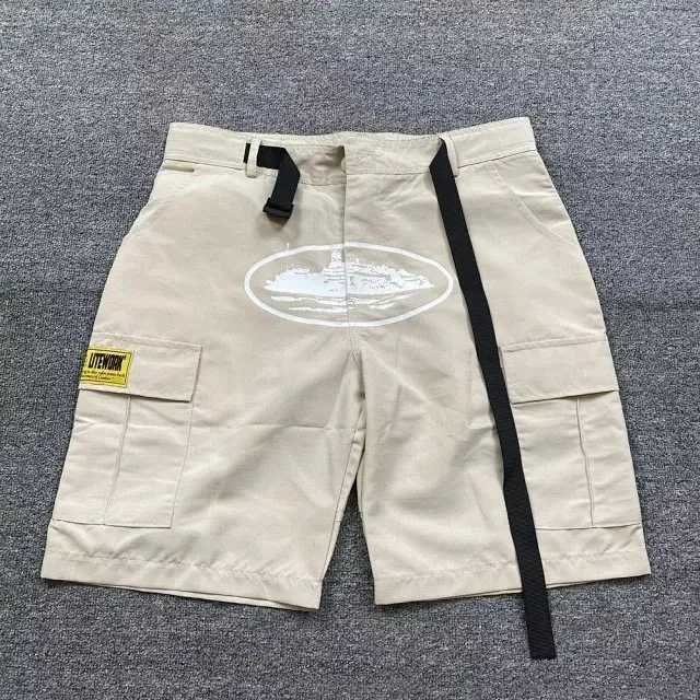 Beige Cargo Shorts with White Boat Print and Black Belt