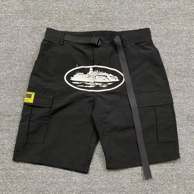 Black Cargo Shorts with Boat Print and Belt