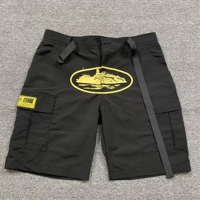 Black Litework Cargo Shorts with Yellow Graphic