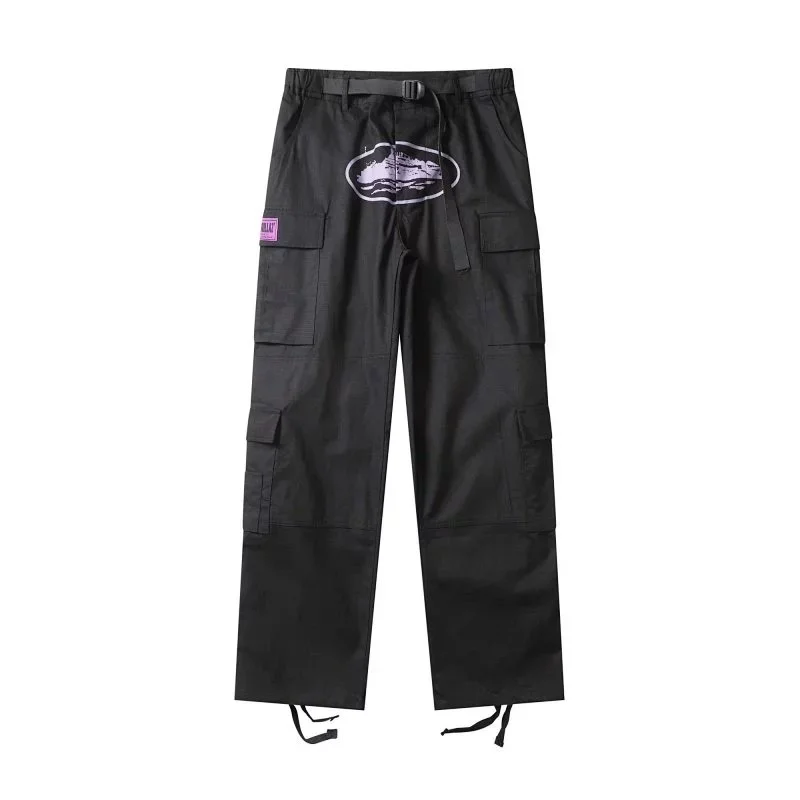 Black Cargo Pants with Graphic Print and Adjustable Waist