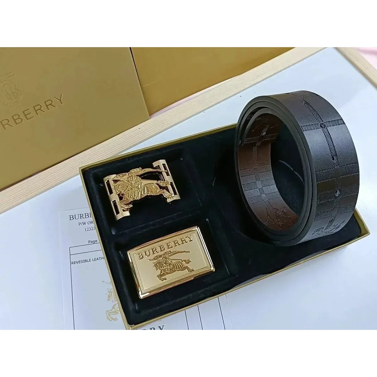 Burberry Classic Check Belt Set Brown Leather