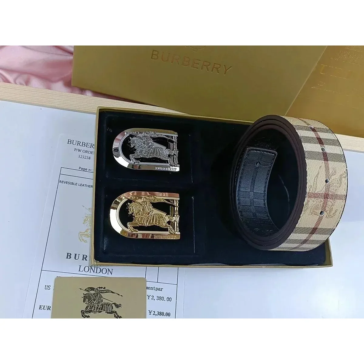 Burberry Reversible Leather Belt in Checkered Pattern