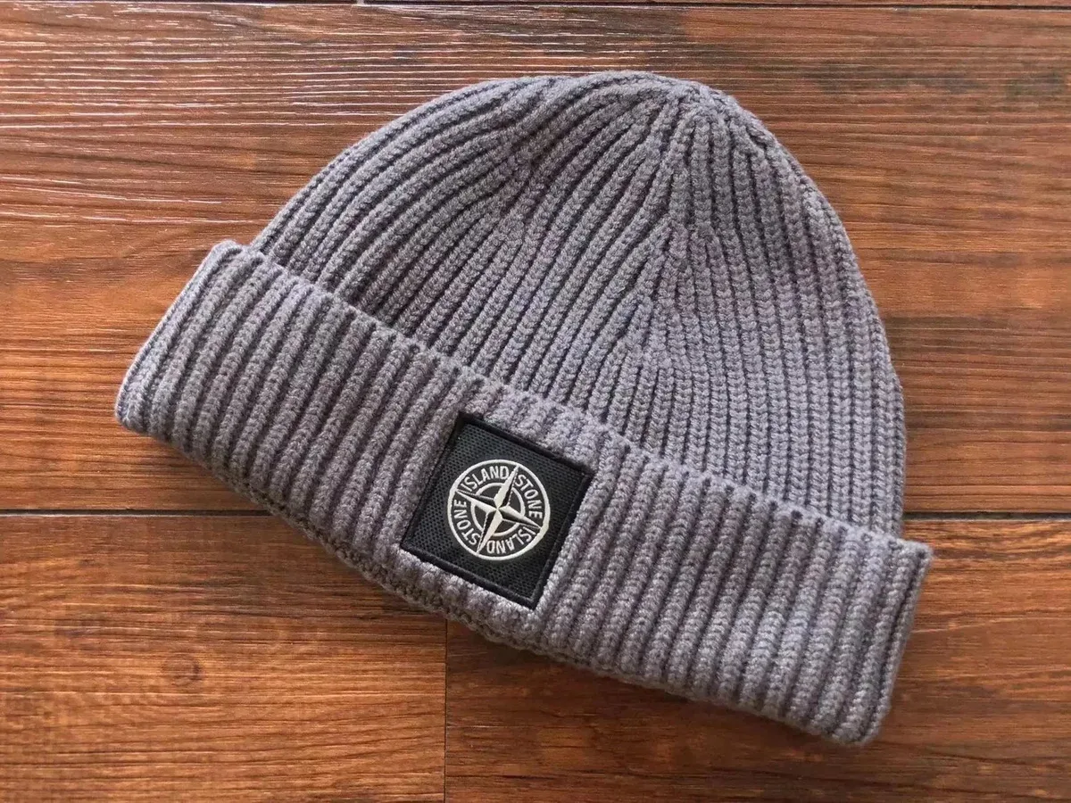 Stone Island Grey Ribbed Beanie Hat