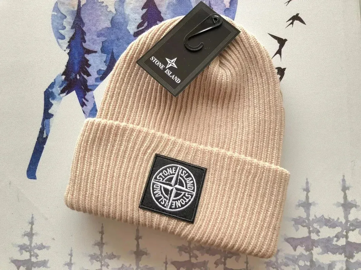Stone Island Beige Ribbed Beanie with Compass Patch