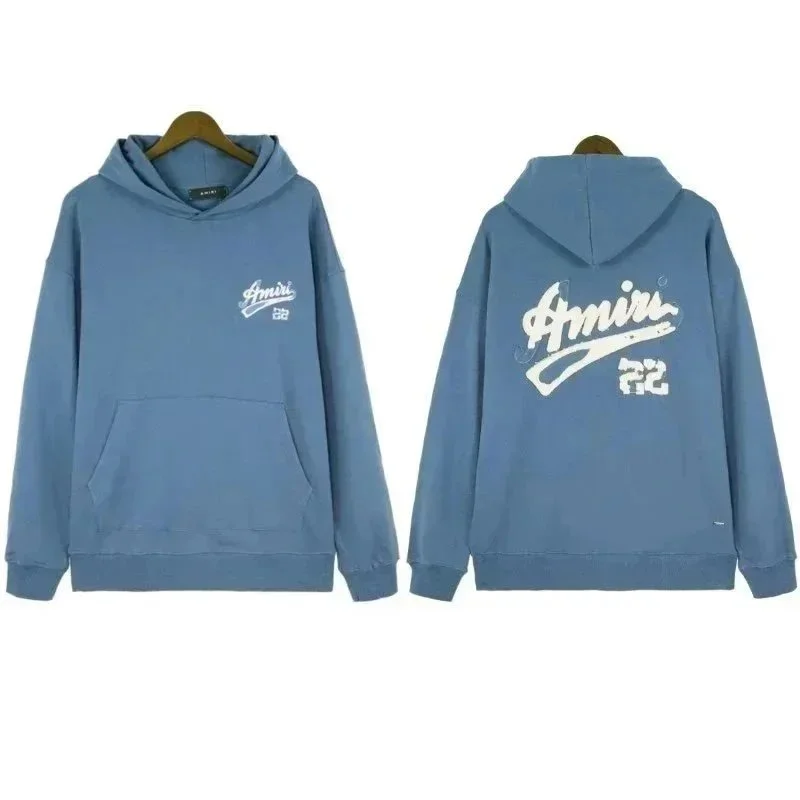 Amiri Blue Hoodie with White Logo Print