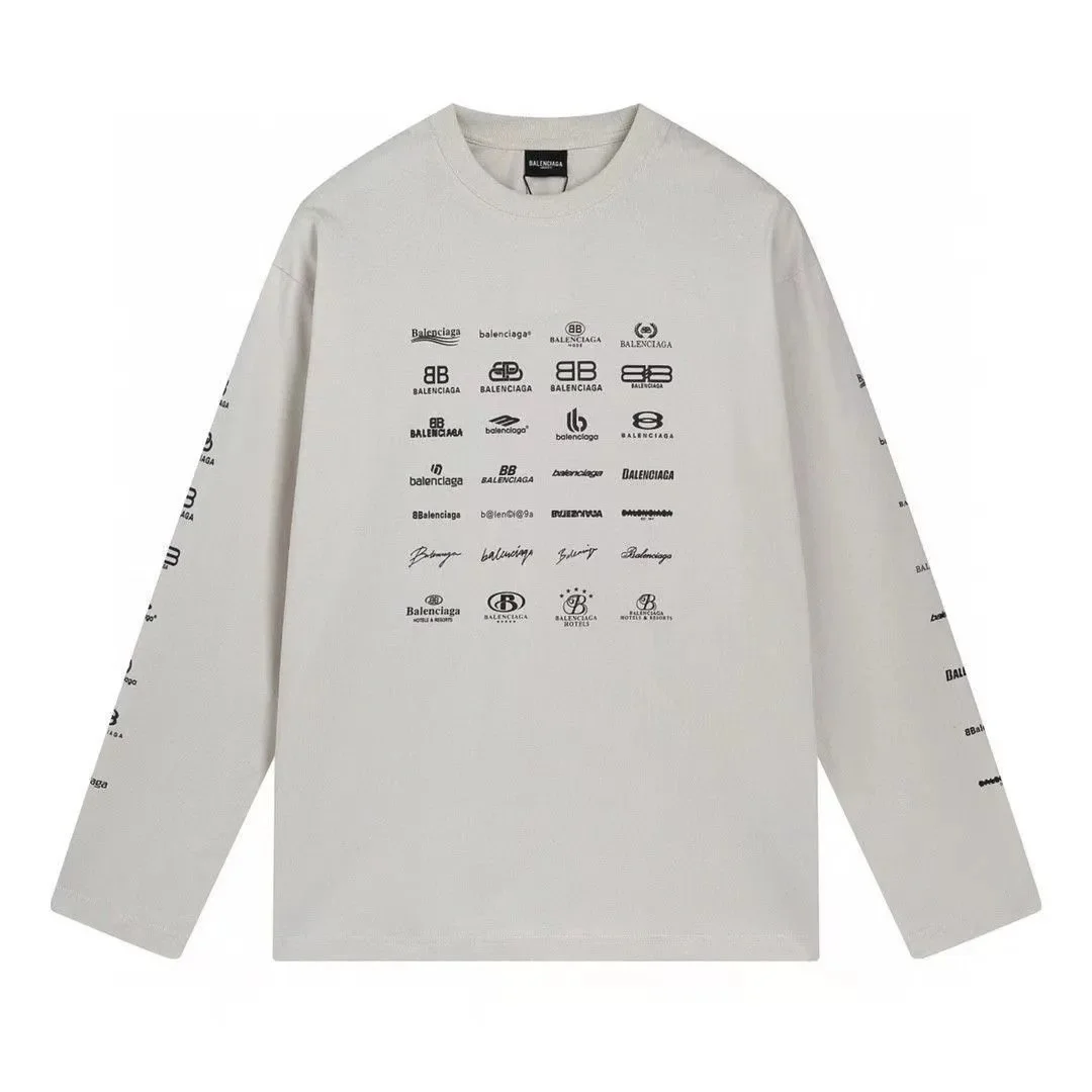 Balenciaga Logo Print Long Sleeve T-Shirt Light Grey