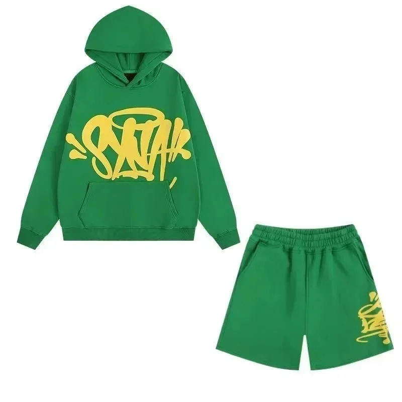 Green Yellow Graffiti Print Hoodie & Shorts Set