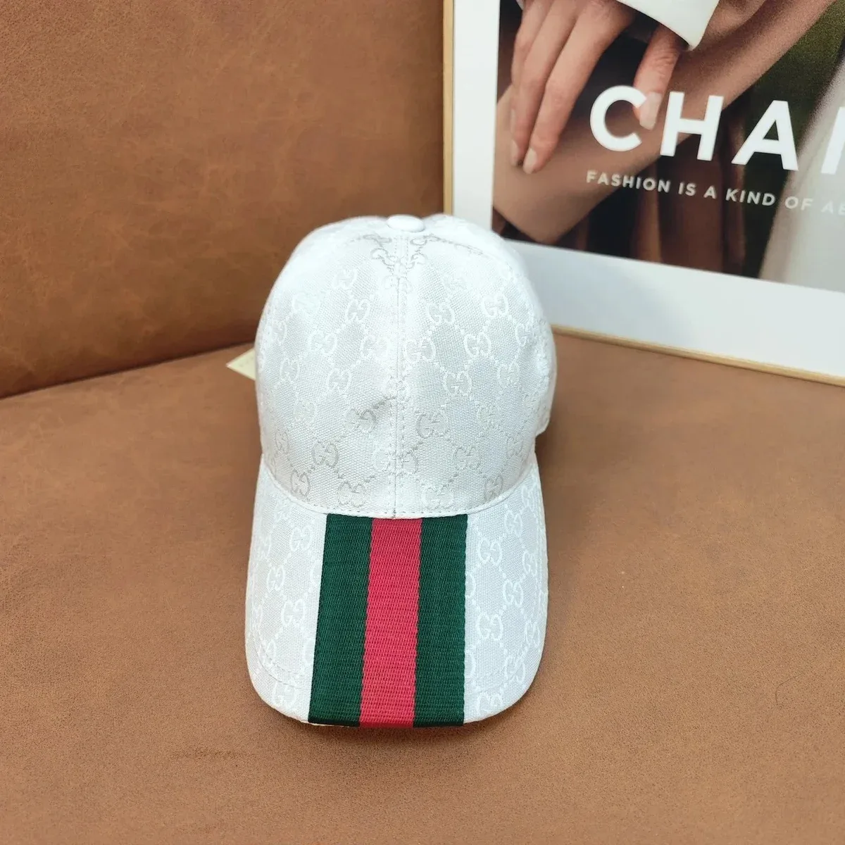 Gucci GG Monogram White Cap with Red & Green Stripe
