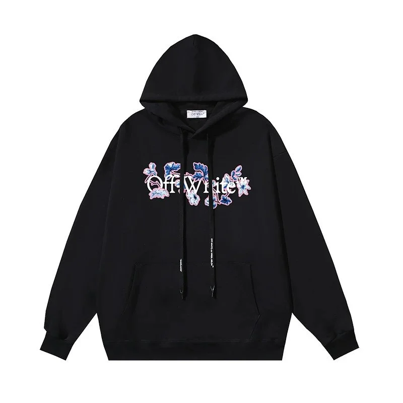 Off-White OW Floral Embroidery Hoodie Black