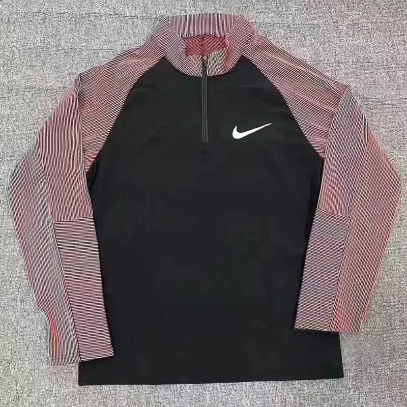 Nike Red Striped Half-Zip Long Sleeve Top