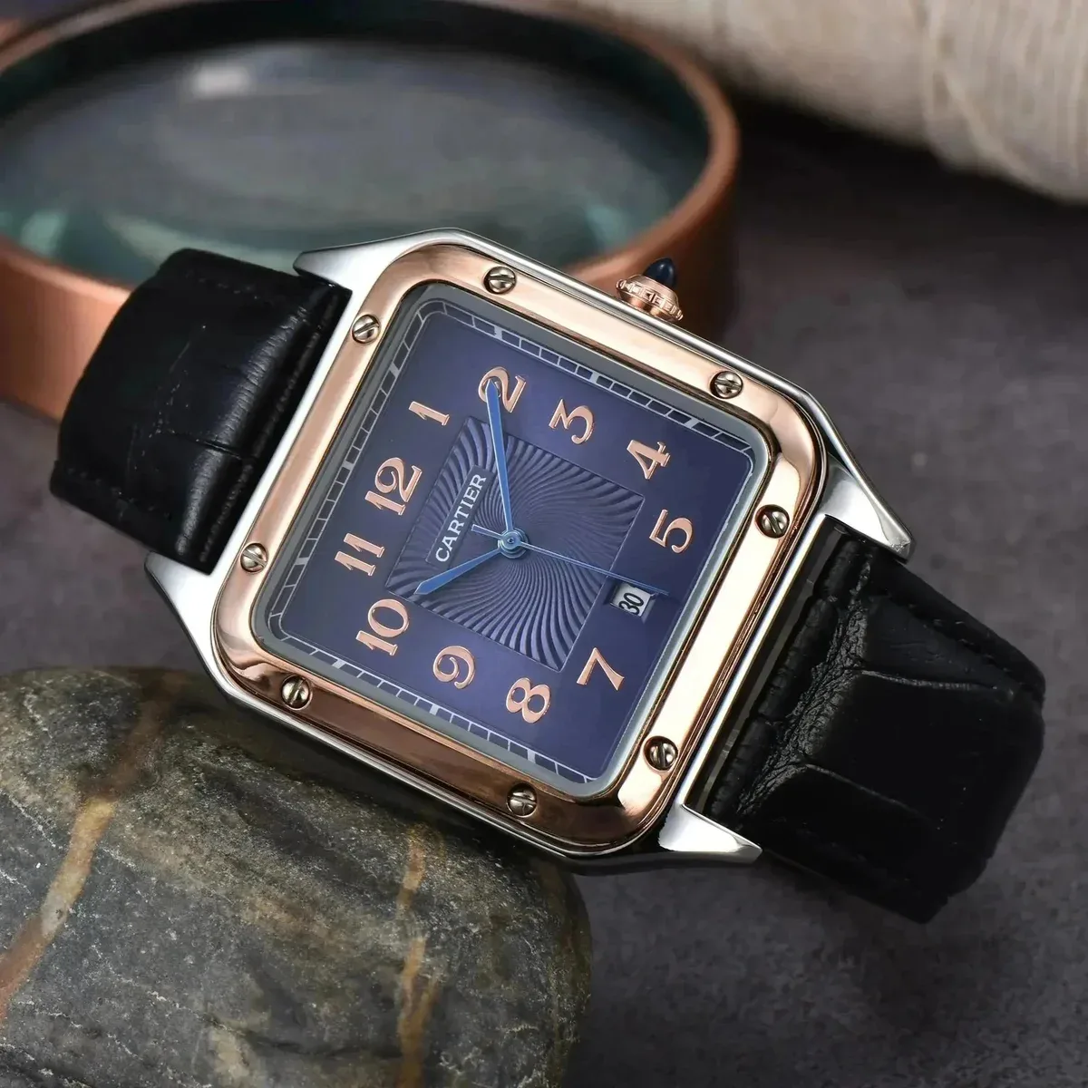 Cartier Santos-Dumont Blue Dial Rose Gold Case Watch