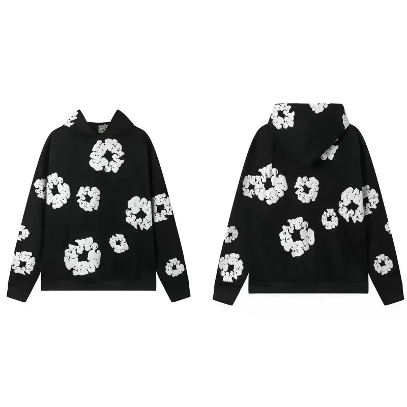 Black White Floral Print Hoodie