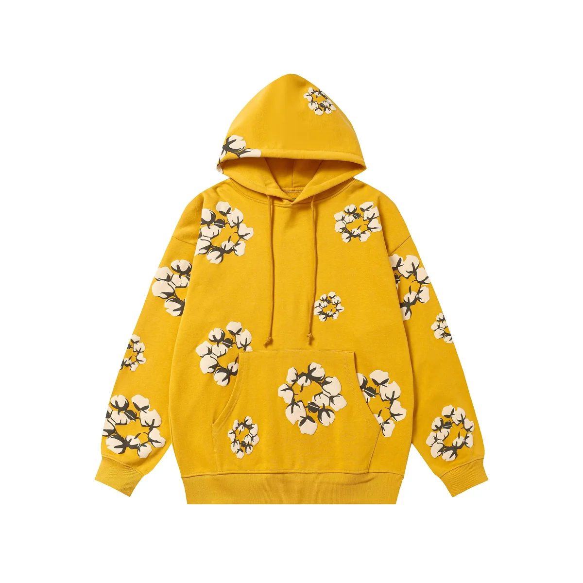 Unisex Yellow Cotton Flower Print Hoodie