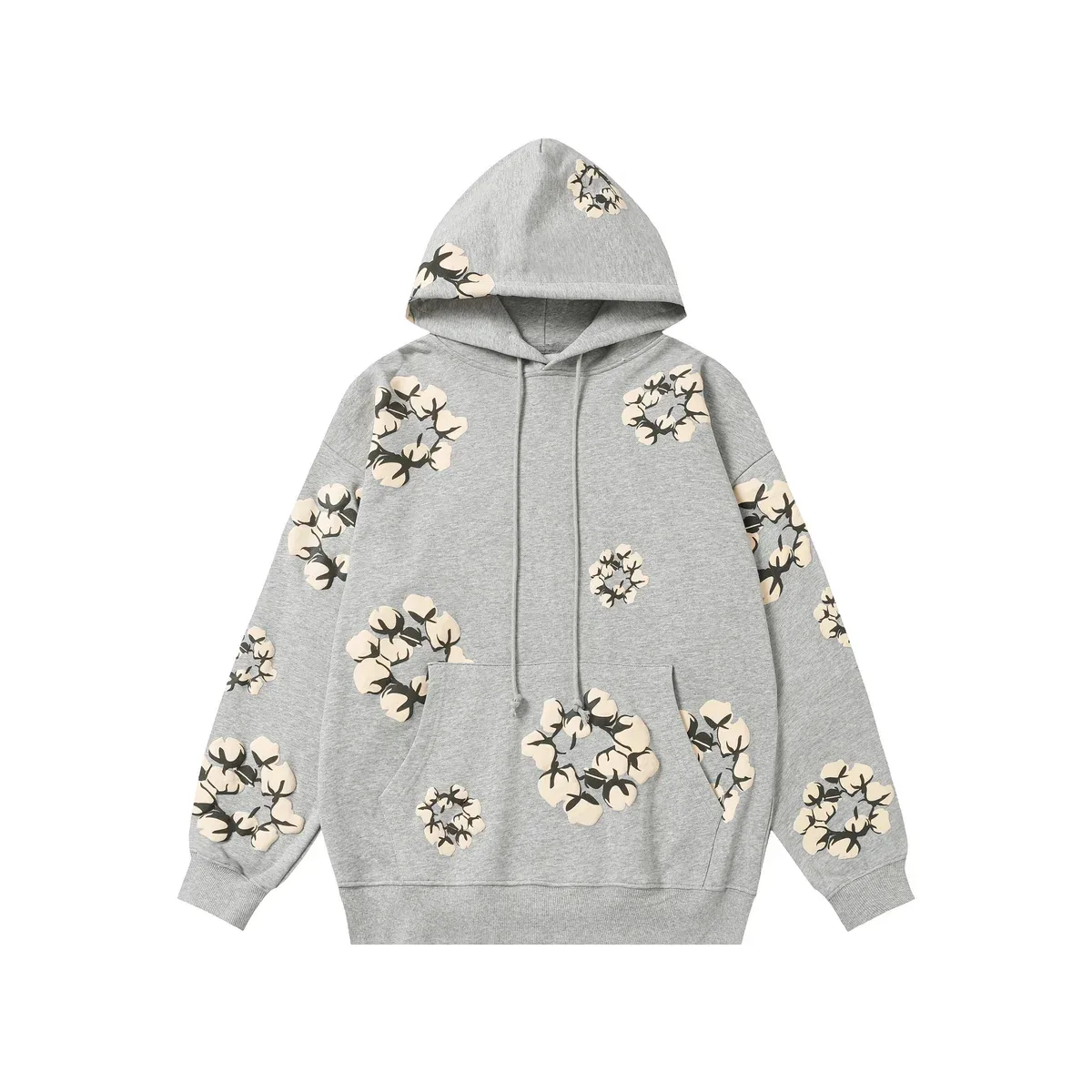 Gray Cotton Flower Print Hoodie
