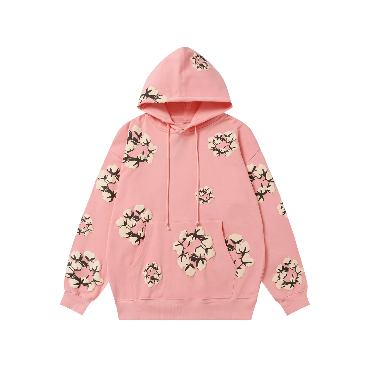 Pink Cotton Flower Print Hoodie