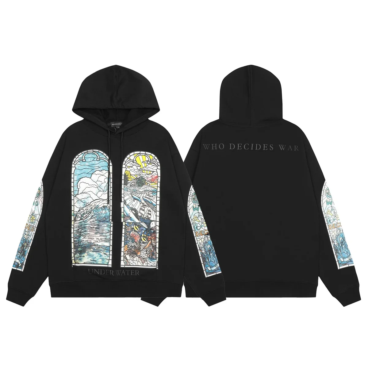 Black 'Under Water' Hoodie with Stained Glass Print