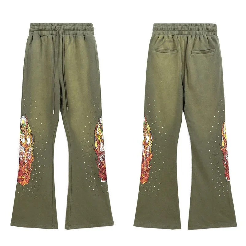 Olive Flame Print Flared Pants