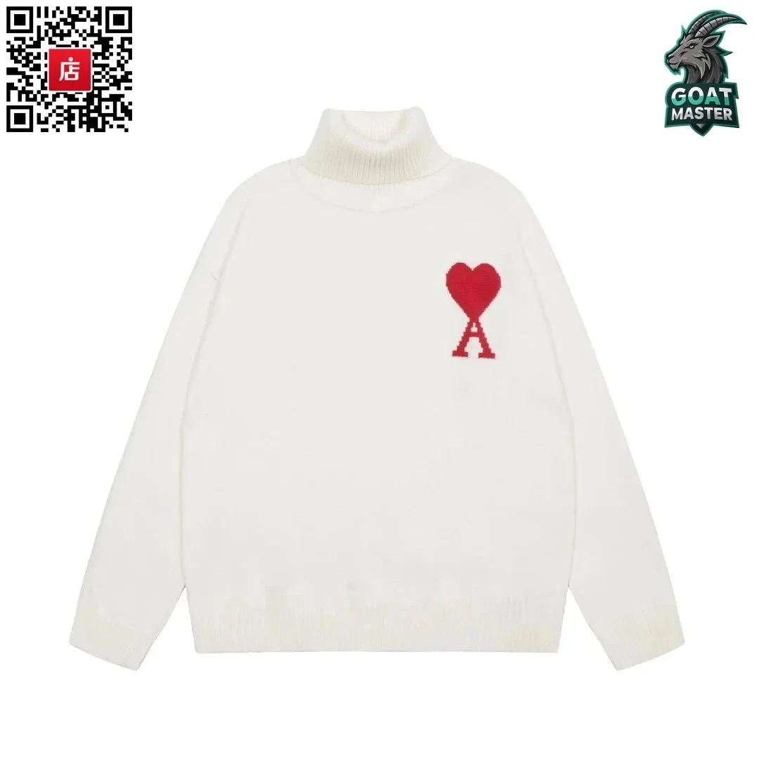 Ami Paris Ami-28-05 White Turtleneck Sweater with Red Heart Logo