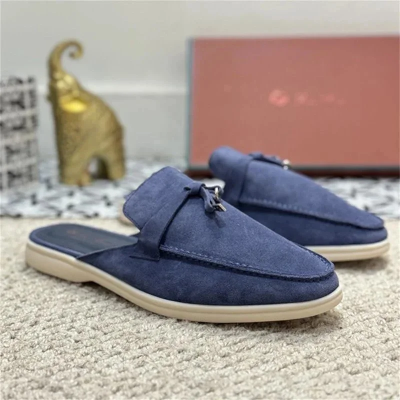 Navy Suede Loafers Mules