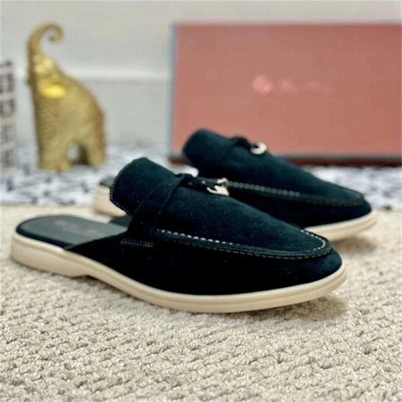 Unisex Black Suede Loafers with Metal Buckle