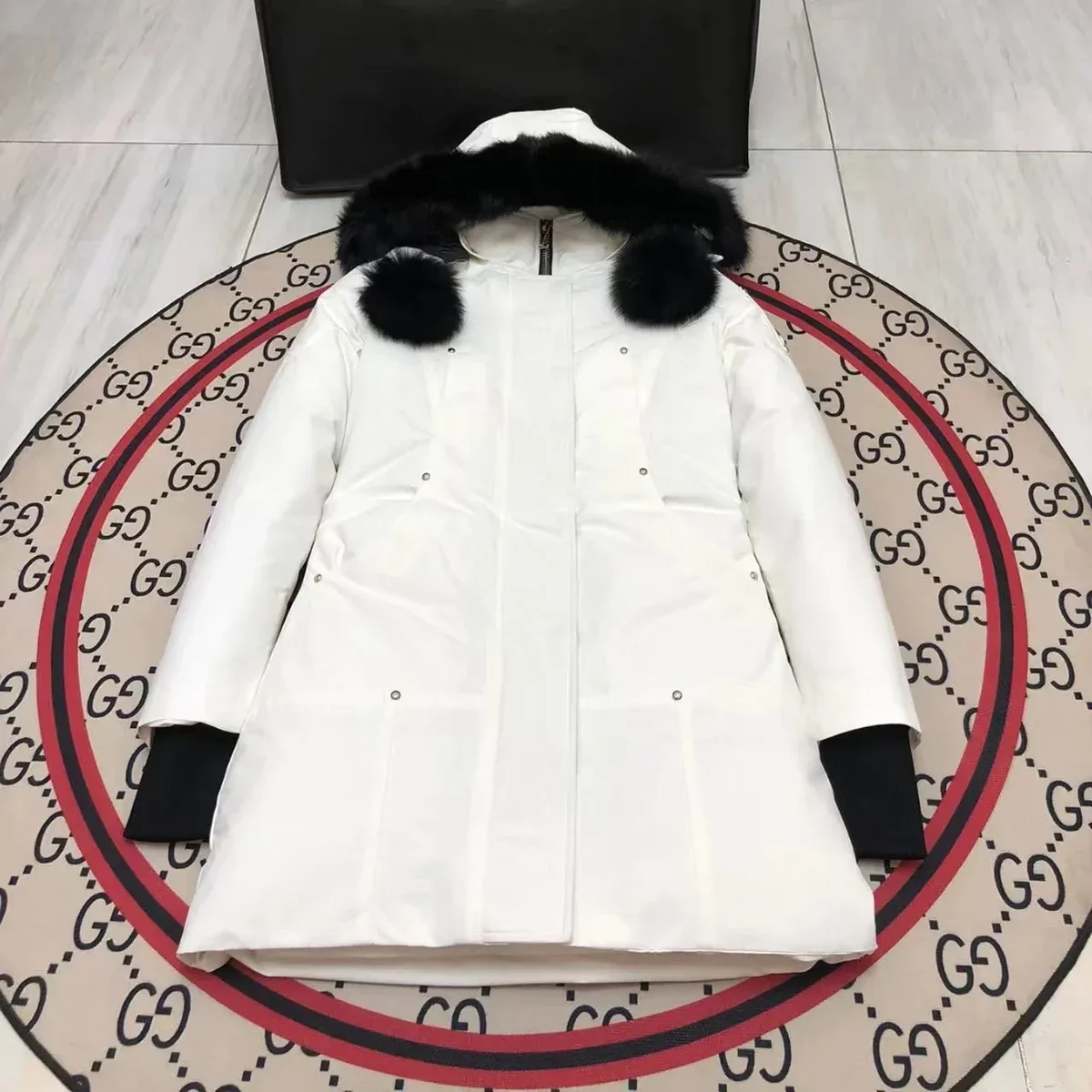 White Long Puffer Coat with Black Fur Trim