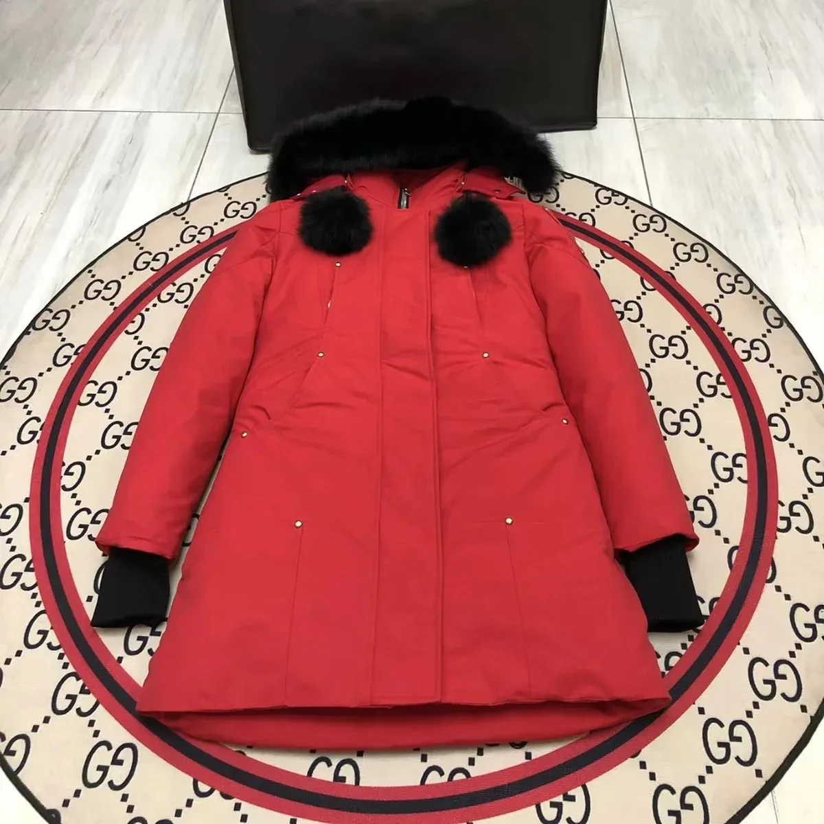 Red Long Puffer Coat with Black Fur Trim A3