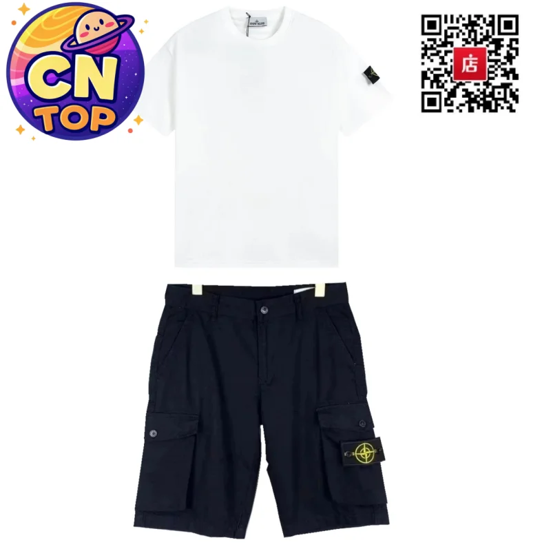 Stone Island 68-15 White T-Shirt & Black Cargo Shorts Set