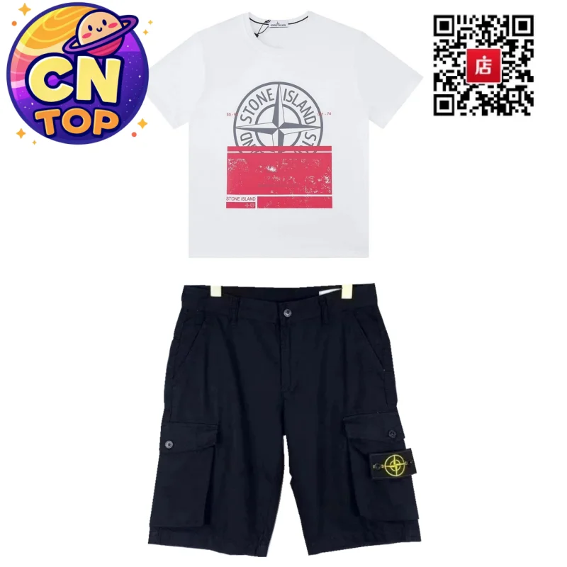 Stone Island 68-15 White T-Shirt & Black Cargo Shorts Set