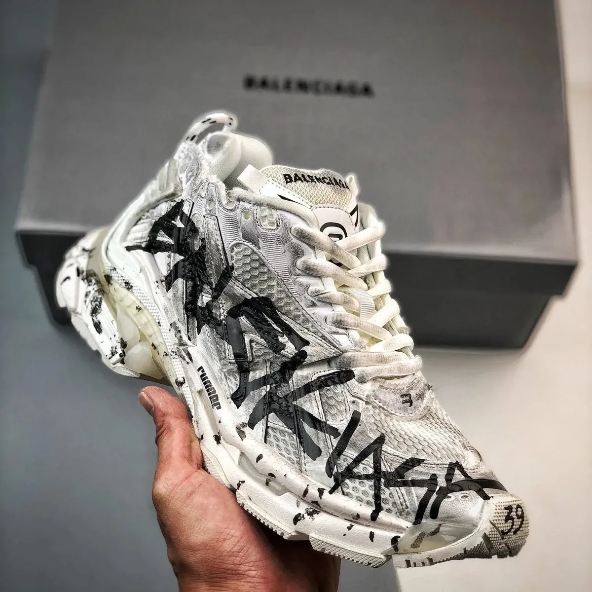 Balenciaga GS Triple S White with Black Lettering Sneakers