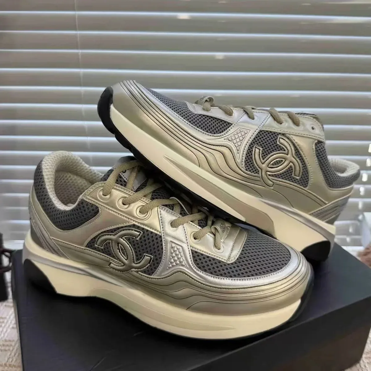 Chanel Runners Gray Gold Sneakers