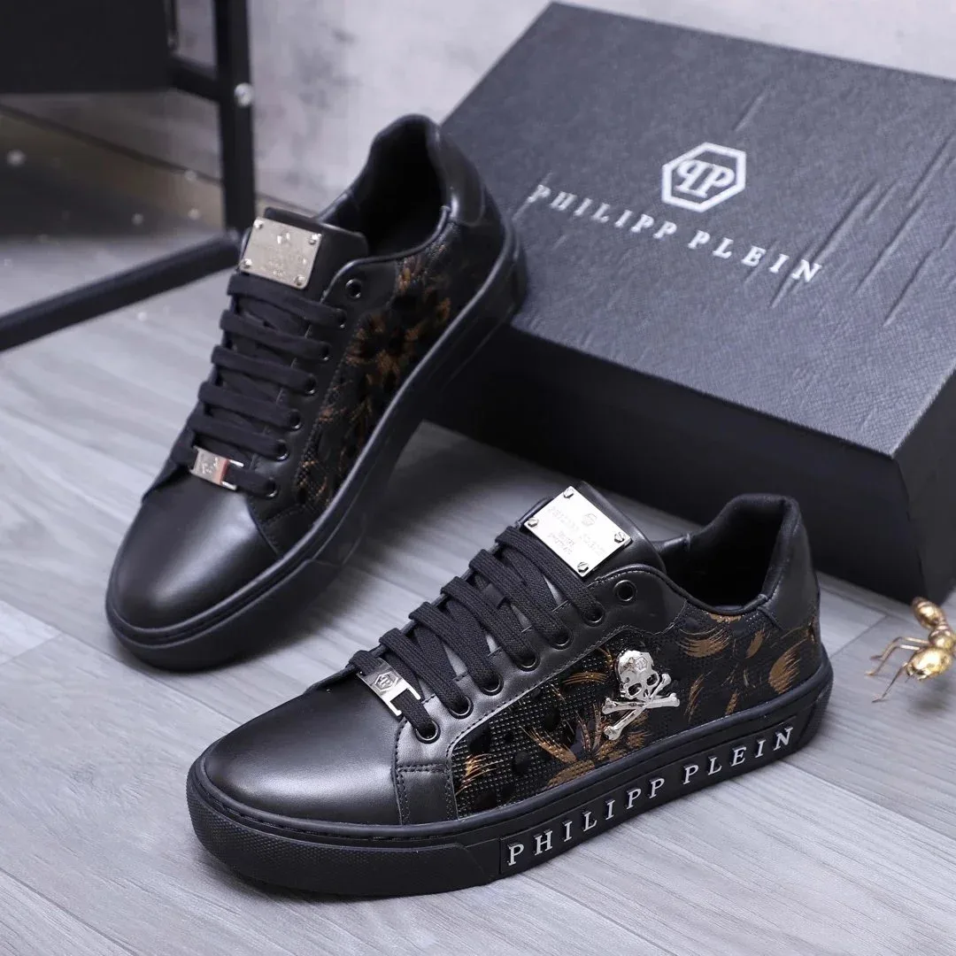 Philipp Plein Skull Print Leather Sneakers Black