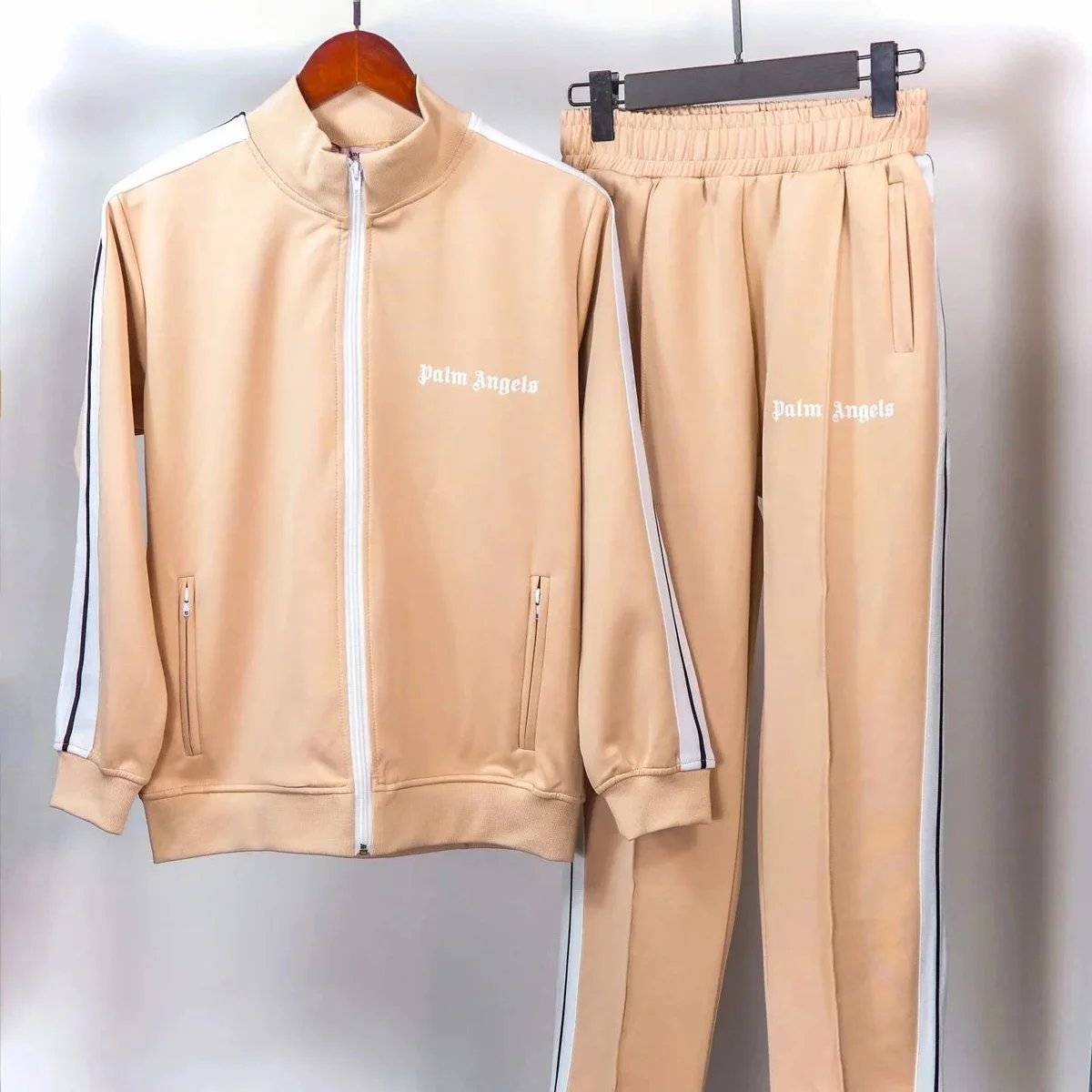 Palm Angels Track Suit Set Beige Lettering Tracksuit