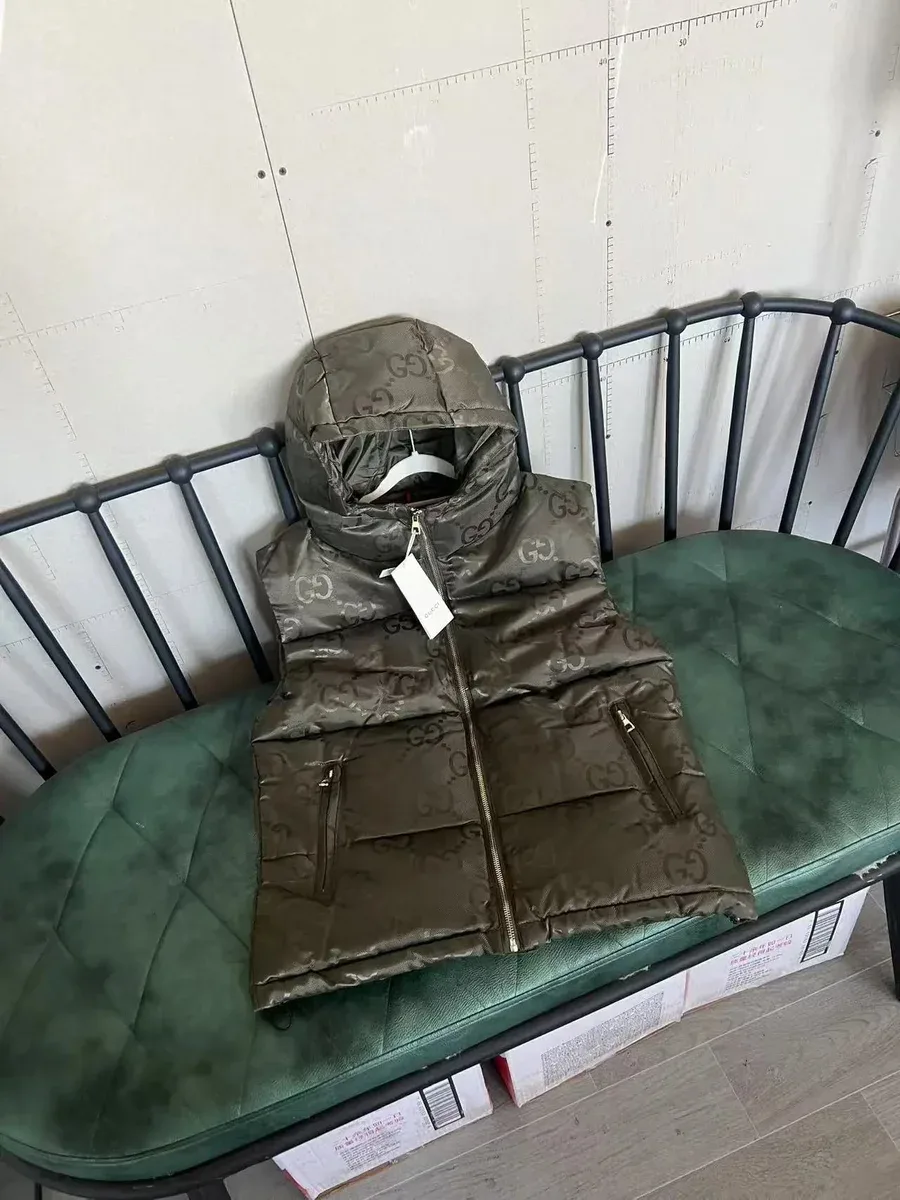 Gucci GG Monogram Hooded Puffer Vest Olive