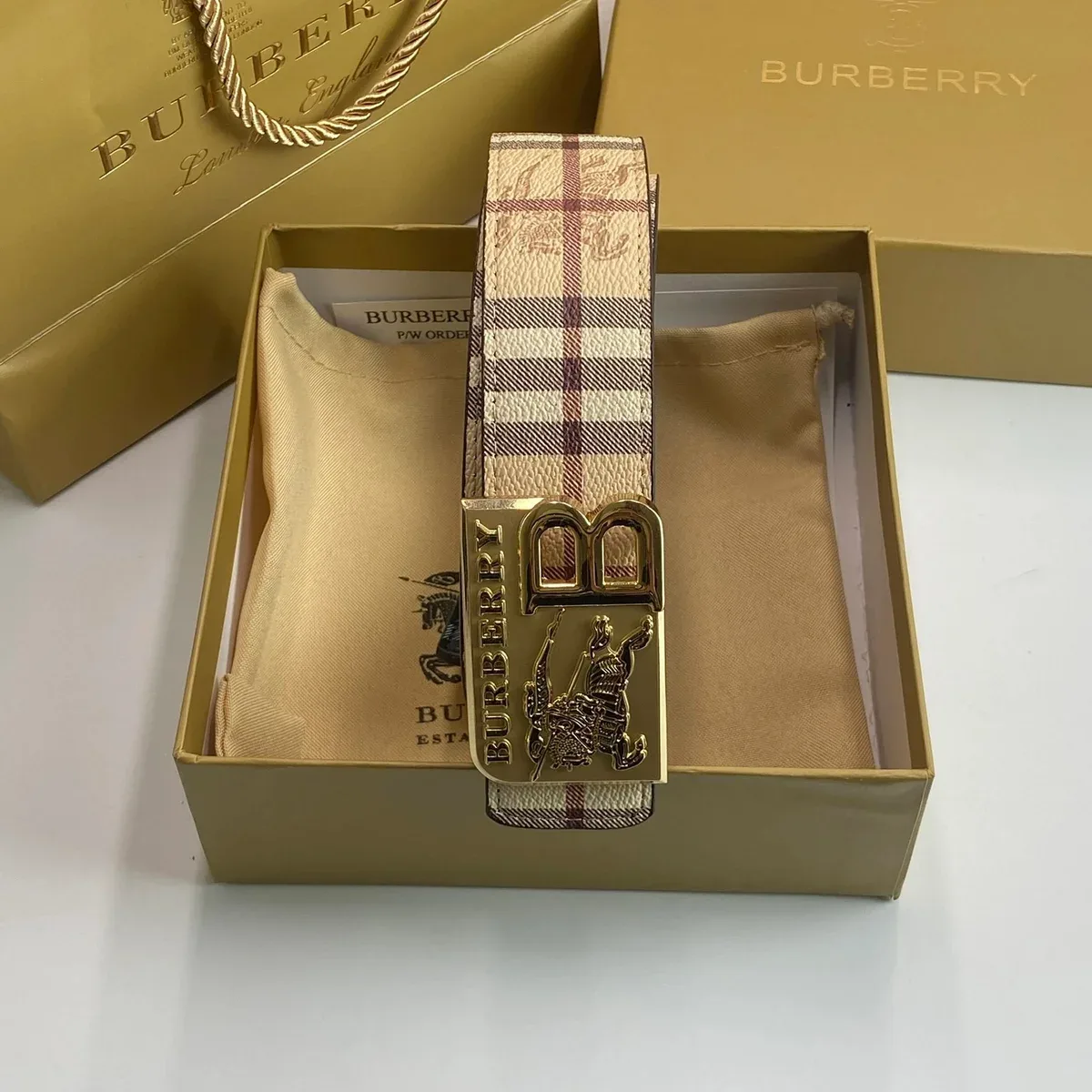 Burberry Classic Check Belt Beige/Gold Accessory