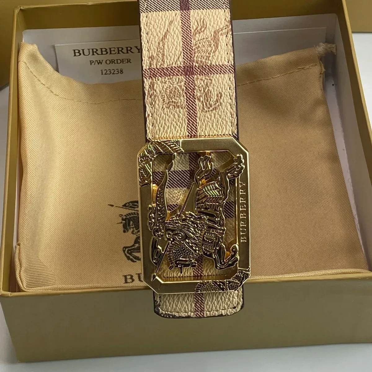 Burberry Bur-03 Checkered Belt with Equestrian Knight Buckle