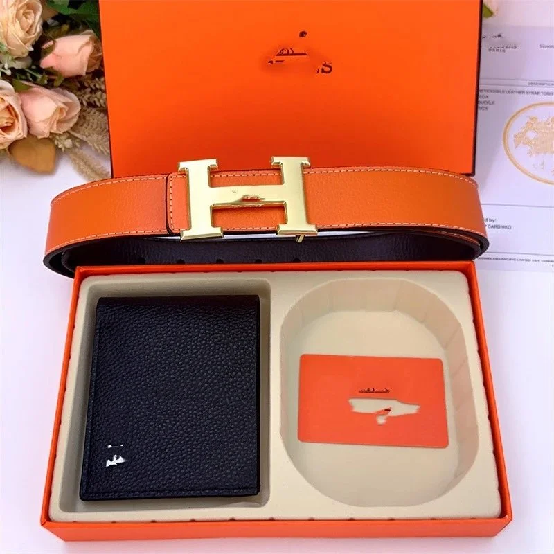 Hermès Orange H Buckle Belt & Black Wallet Set