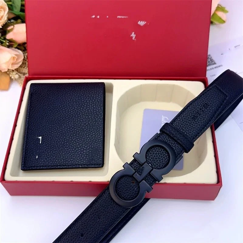 Ferragamo Gancini Belt & Wallet Set Black Leather Accessory