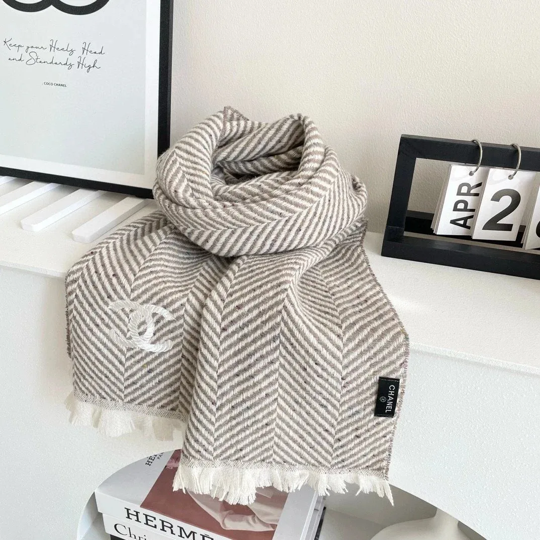 Chanel Herringbone Scarf Beige/White