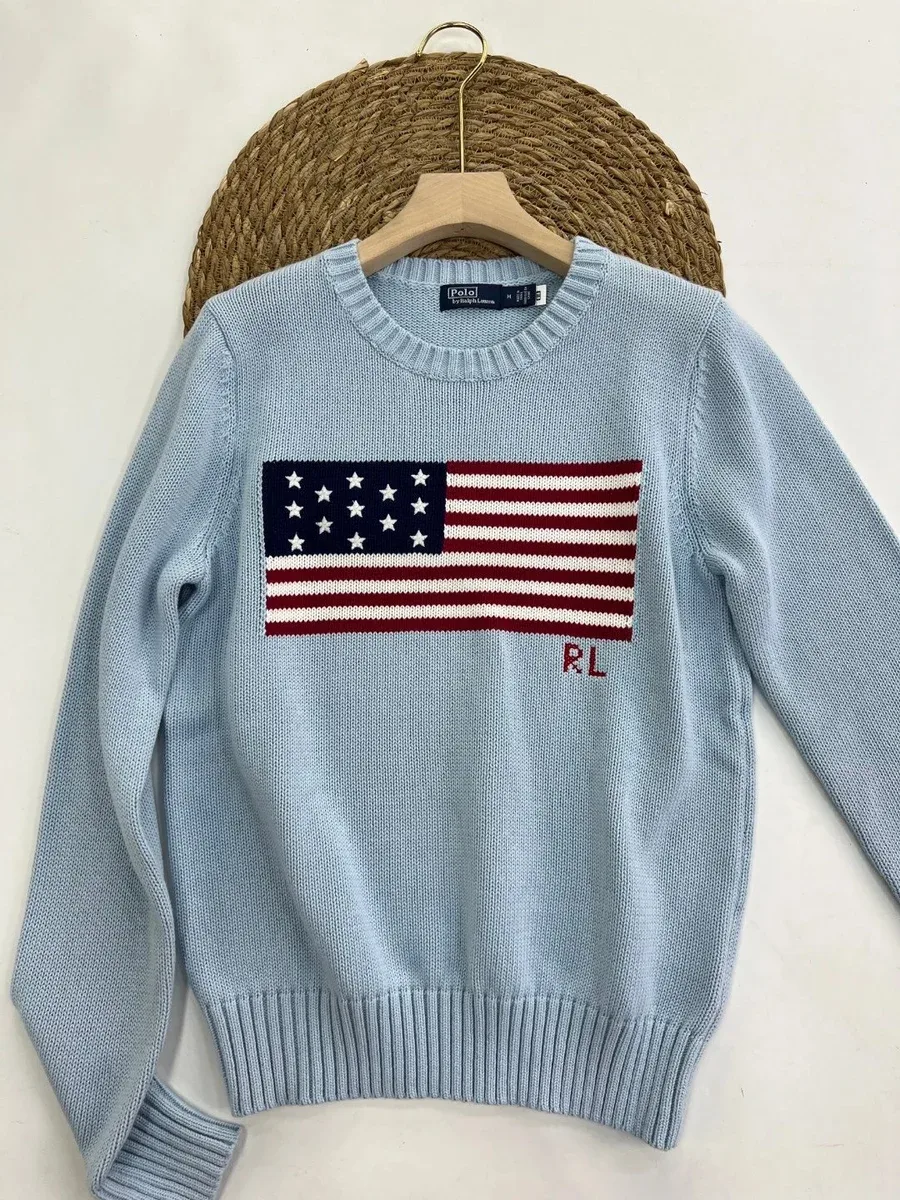 Polo Ralph Lauren American Flag Knit Sweater Light Blue