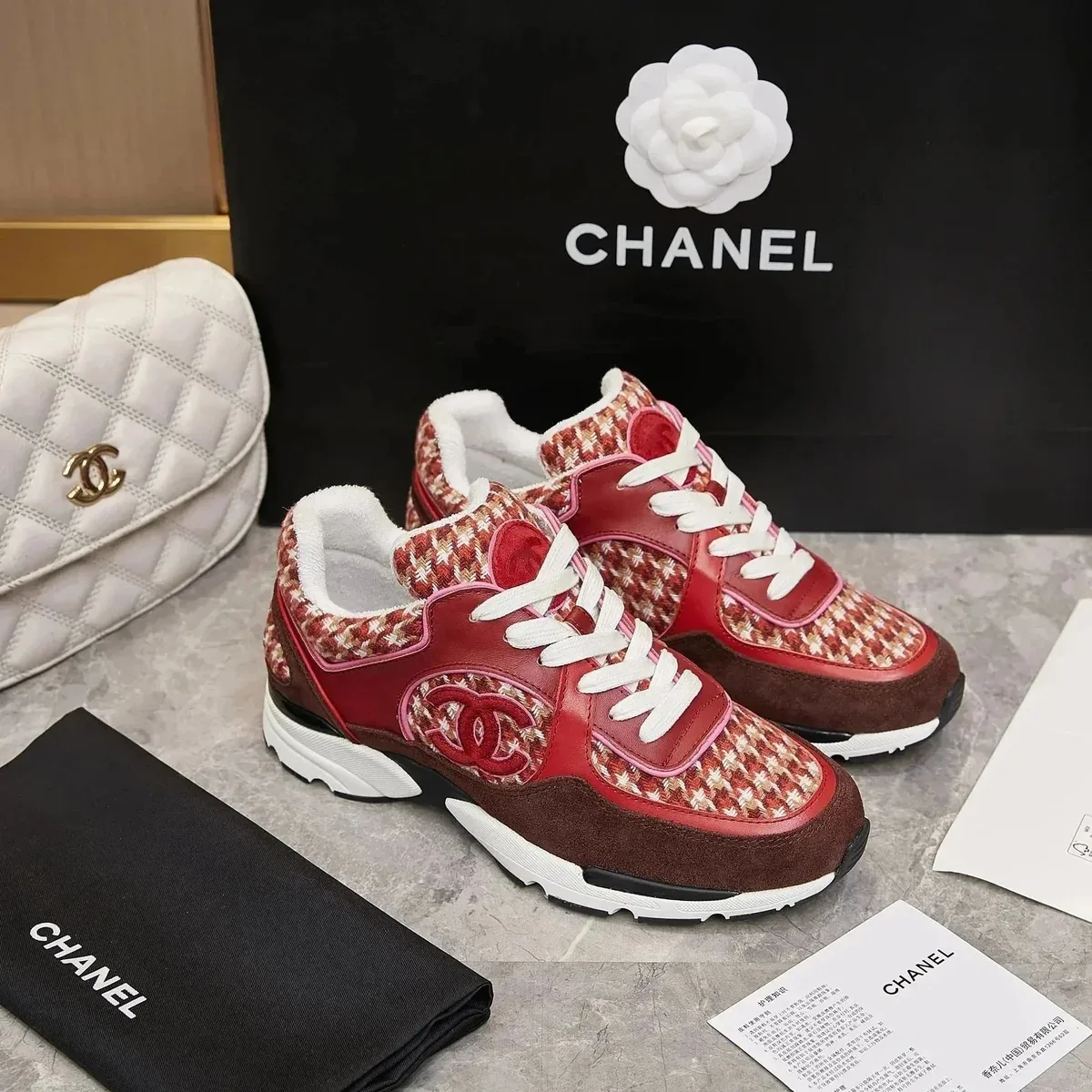 Chanel Runners Red Houndstooth Sneakers