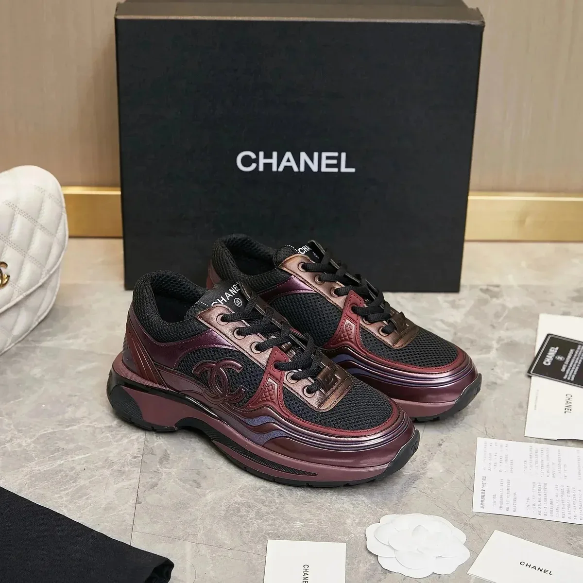 Chanel Runners Bordeaux Leather Sneakers