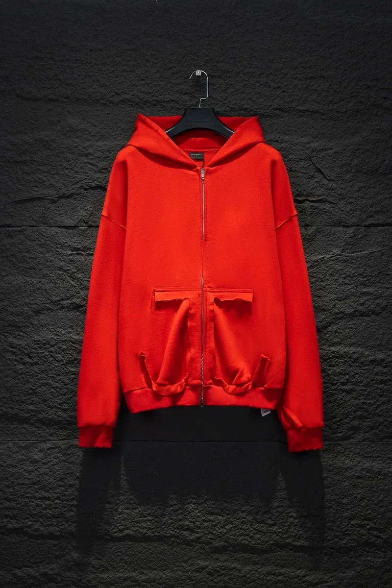 Red Distressed Zip-Up Hoodie
