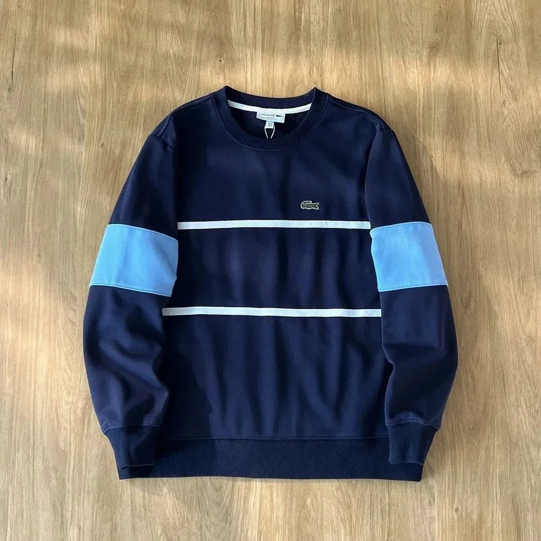 Lacoste Navy Blue & Light Blue Striped Crewneck Sweatshirt