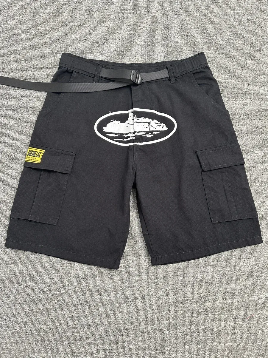 Black Cargo Shorts with Mountain Print and Adjustable Belt