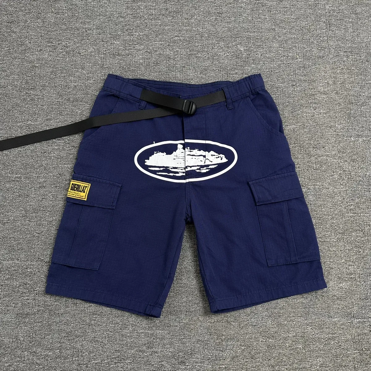 Navy Blue Cargo Shorts with White Graphic Print